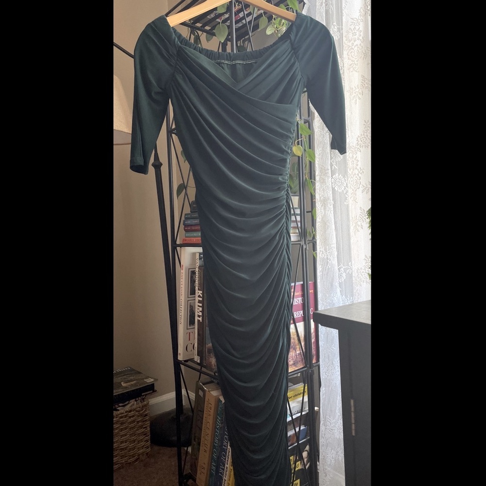 Pin-up Girl PUG Large Off-Shoulder Emerald Green Ruched Midi Dress - Picture 5 of 11
